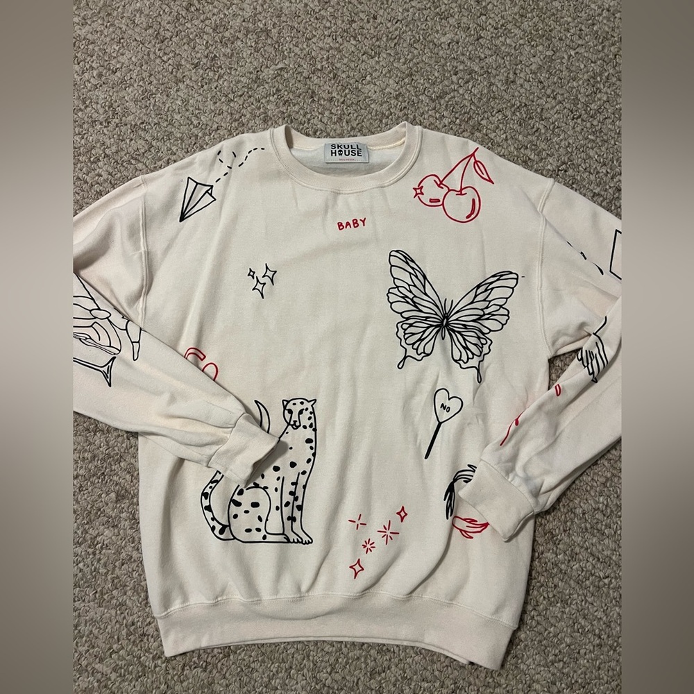 Cream Graphic Crewneck Sweatshirt with Butterfly & Sketch Prints